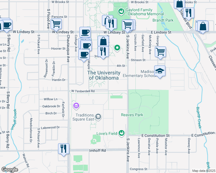 map of restaurants, bars, coffee shops, grocery stores, and more near 1640 Asp Avenue in Norman
