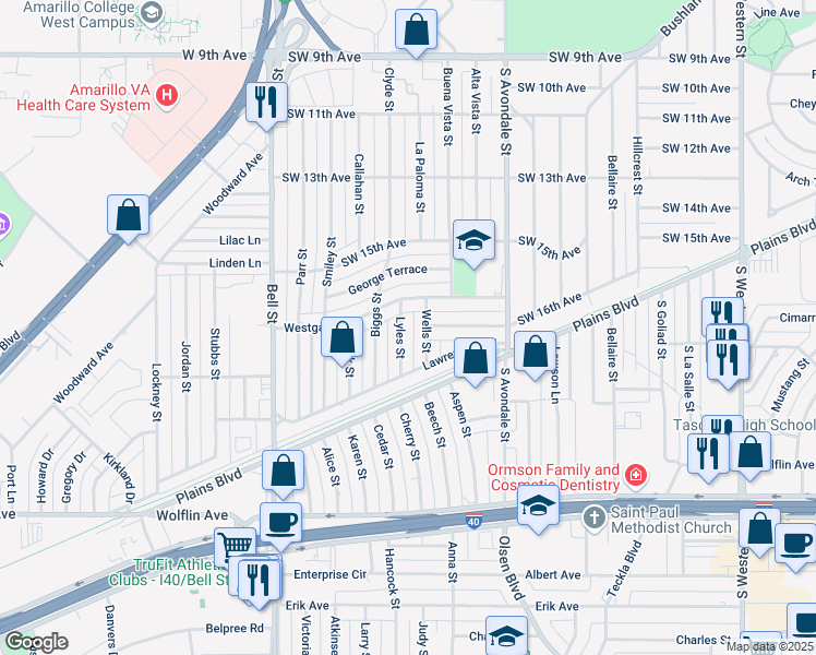 map of restaurants, bars, coffee shops, grocery stores, and more near 1533 Lyles Street in Amarillo