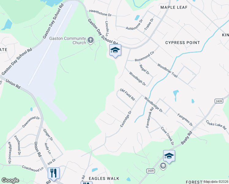 map of restaurants, bars, coffee shops, grocery stores, and more near 2344 Old Field Road in Gastonia