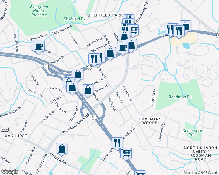 map of restaurants, bars, coffee shops, grocery stores, and more near 1700 Pierson Drive in Charlotte