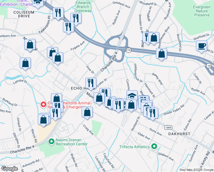 map of restaurants, bars, coffee shops, grocery stores, and more near 718 Crater Street in Charlotte
