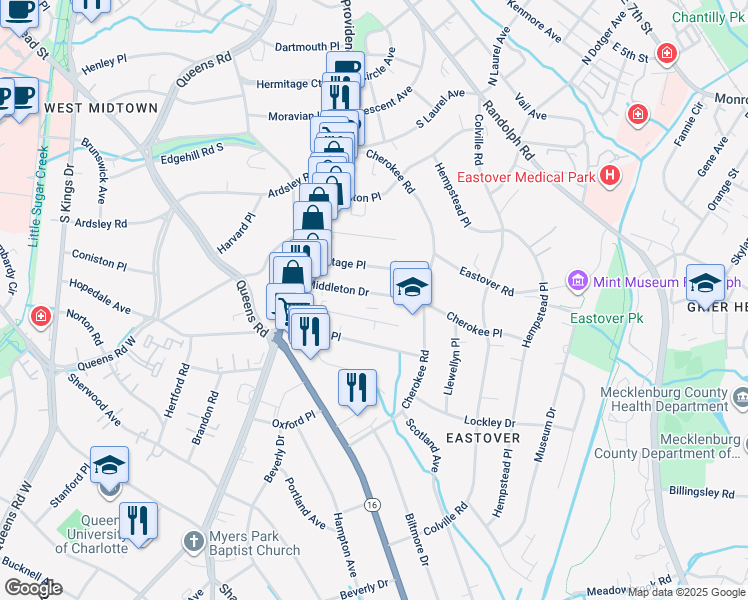 map of restaurants, bars, coffee shops, grocery stores, and more near 216 Middleton Drive in Charlotte