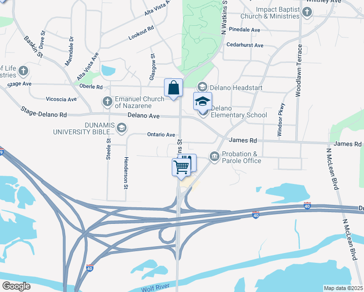 map of restaurants, bars, coffee shops, grocery stores, and more near 2626 North Watkins Street in Memphis