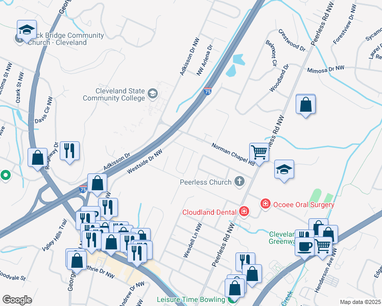 map of restaurants, bars, coffee shops, grocery stores, and more near 3350 Westside Drive Northwest in Cleveland