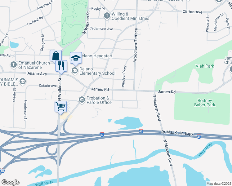 map of restaurants, bars, coffee shops, grocery stores, and more near 1913 James Road in Memphis