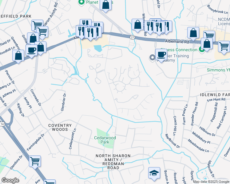 map of restaurants, bars, coffee shops, grocery stores, and more near 6146 Winged Elm Court in Charlotte
