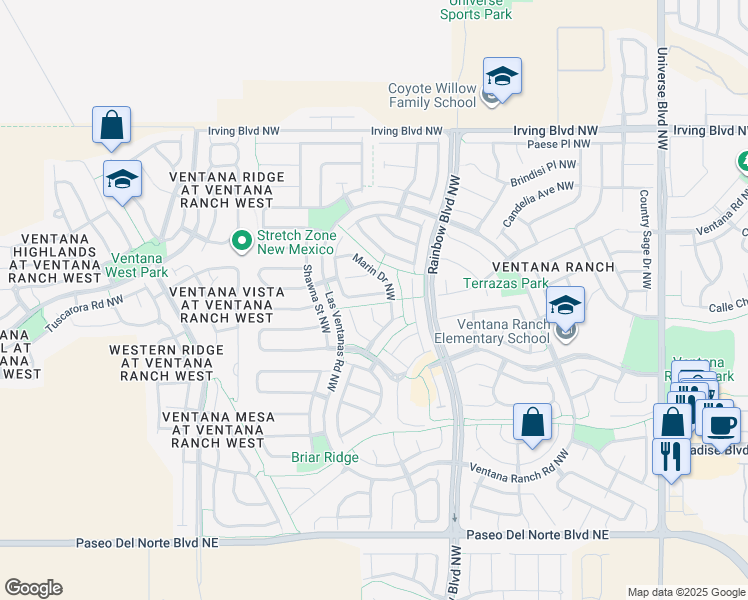 map of restaurants, bars, coffee shops, grocery stores, and more near 7409 Silverthorne Road Northwest in Albuquerque