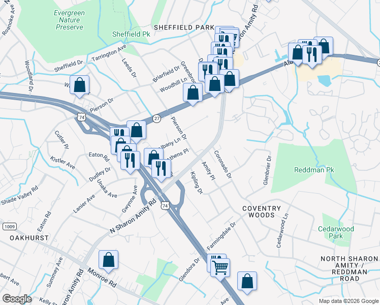 map of restaurants, bars, coffee shops, grocery stores, and more near 1700 Pierson Drive in Charlotte