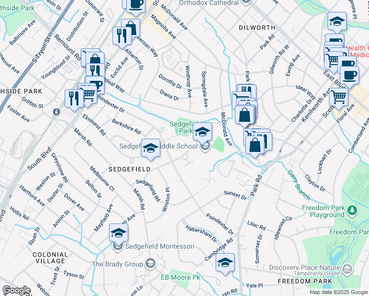 map of restaurants, bars, coffee shops, grocery stores, and more near 2700 Dorchester Place in Charlotte