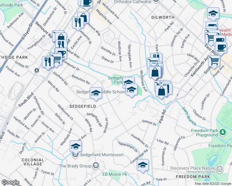 map of restaurants, bars, coffee shops, grocery stores, and more near 2700 Dorchester Place in Charlotte