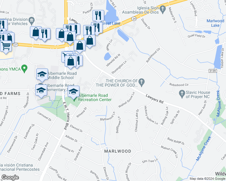 map of restaurants, bars, coffee shops, grocery stores, and more near 5400 Donnefield Drive in Charlotte
