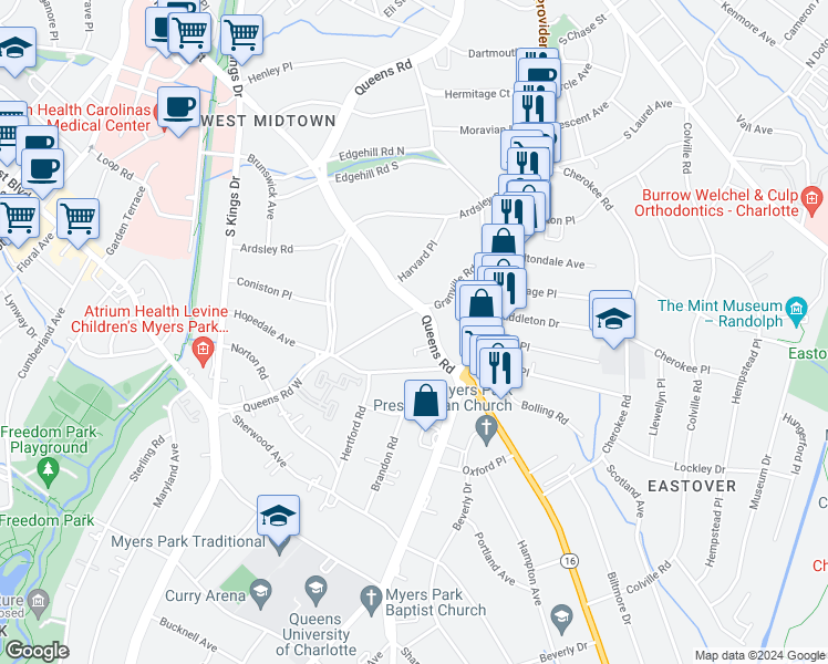 map of restaurants, bars, coffee shops, grocery stores, and more near in Charlotte