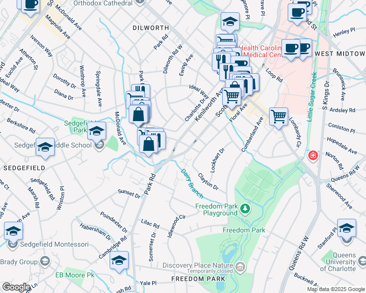 map of restaurants, bars, coffee shops, grocery stores, and more near 1314 Ordermore Avenue in Charlotte