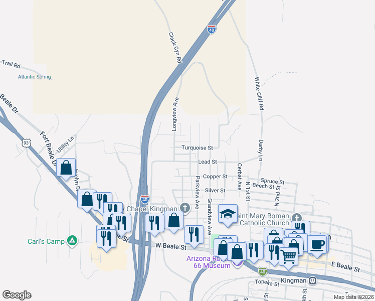 map of restaurants, bars, coffee shops, grocery stores, and more near 602 Turquoise Street in Kingman