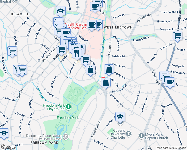 map of restaurants, bars, coffee shops, grocery stores, and more near 1809 East Boulevard in Charlotte
