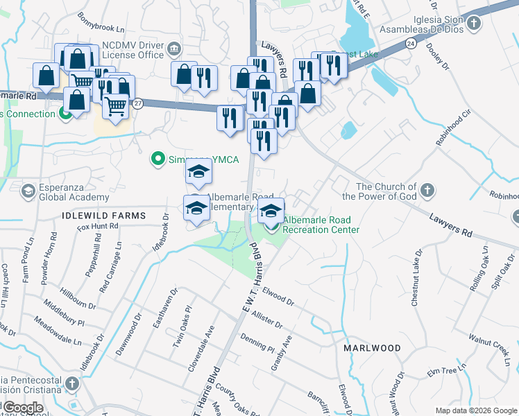 map of restaurants, bars, coffee shops, grocery stores, and more near 7009 Snow Lane in Charlotte