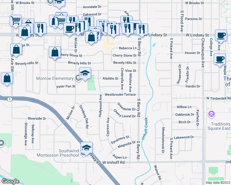 map of restaurants, bars, coffee shops, grocery stores, and more near 1413 Westbrooke Terrace in Norman