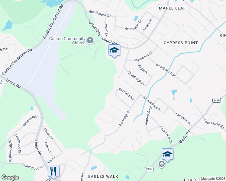 map of restaurants, bars, coffee shops, grocery stores, and more near 2344 Old Field Road in Gastonia