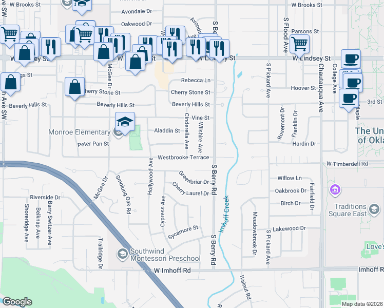 map of restaurants, bars, coffee shops, grocery stores, and more near 1315 Westbrooke Terrace in Norman