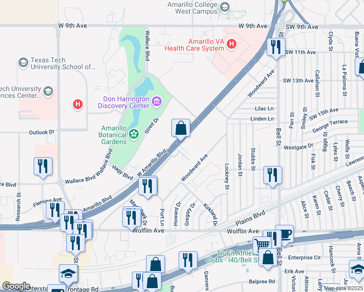 map of restaurants, bars, coffee shops, grocery stores, and more near 6666 West Amarillo Boulevard in Amarillo