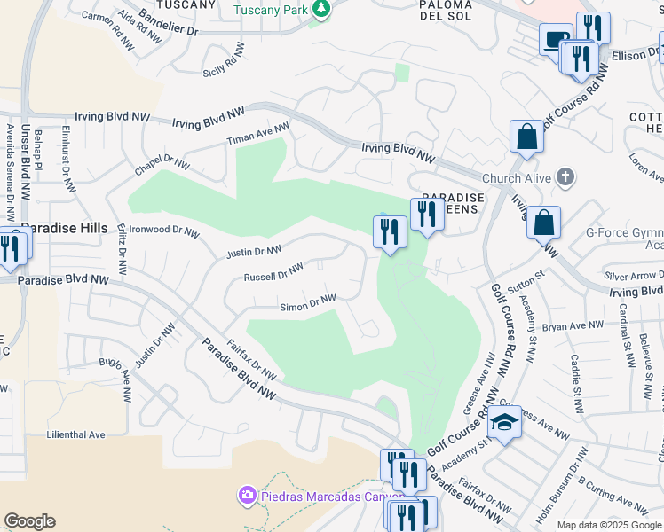 map of restaurants, bars, coffee shops, grocery stores, and more near 5016 Russell Drive Northwest in Albuquerque