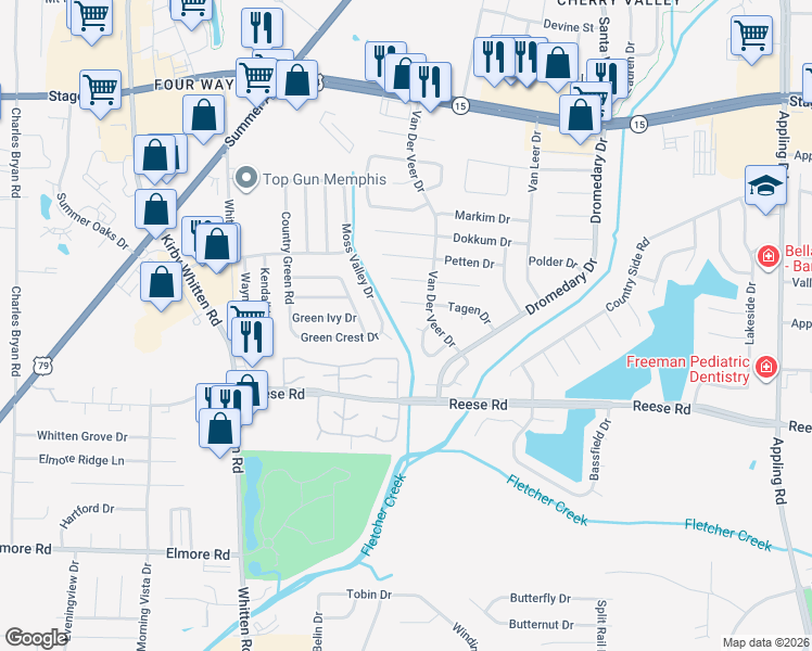 map of restaurants, bars, coffee shops, grocery stores, and more near 7002 Reese Lake Cove in Memphis