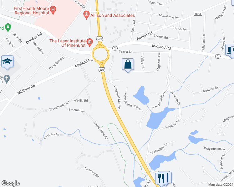 map of restaurants, bars, coffee shops, grocery stores, and more near Pinehurst Manor Road in Pinehurst