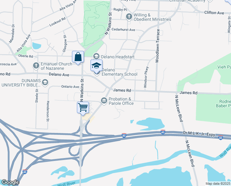 map of restaurants, bars, coffee shops, grocery stores, and more near 1823 James Road in Memphis