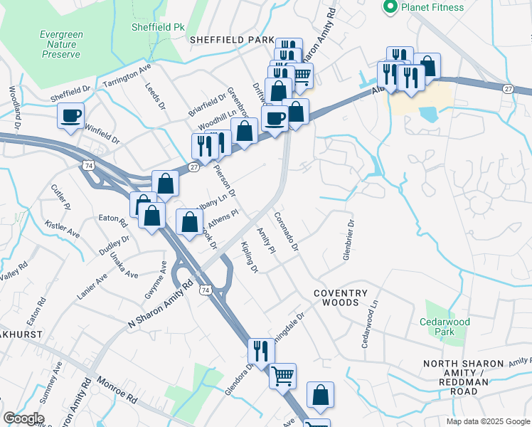 map of restaurants, bars, coffee shops, grocery stores, and more near 4602 Coronado Drive in Charlotte