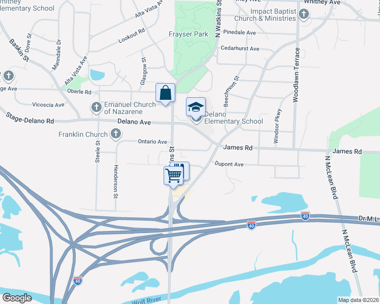 map of restaurants, bars, coffee shops, grocery stores, and more near 1740 Ontario Avenue in Memphis