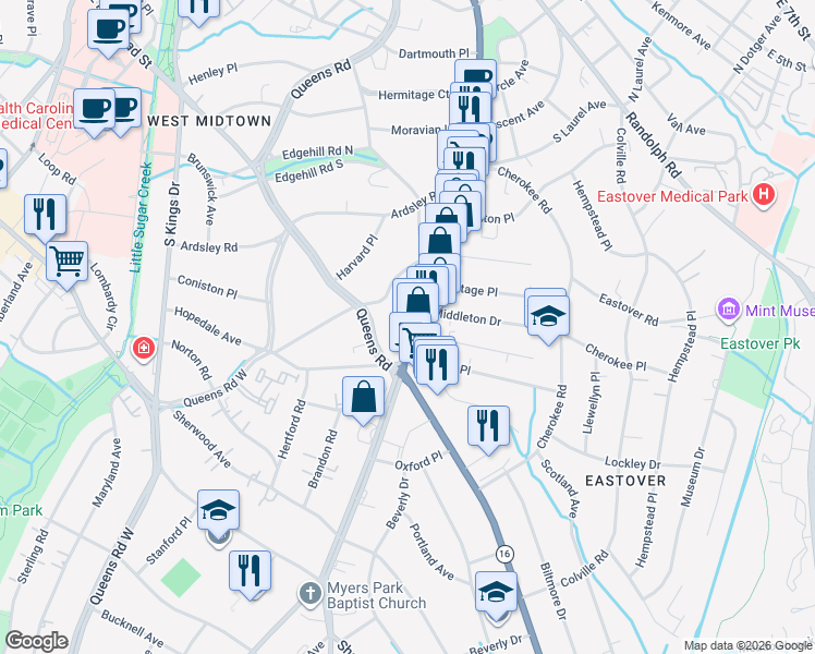 map of restaurants, bars, coffee shops, grocery stores, and more near in Charlotte