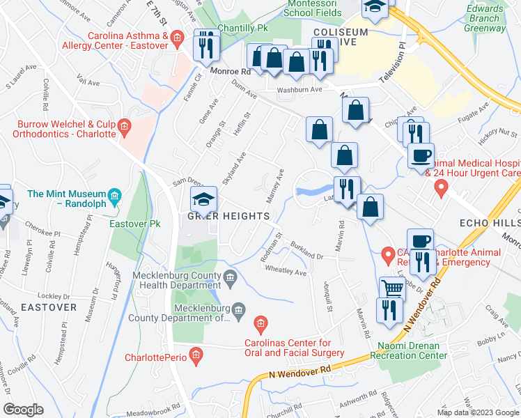 map of restaurants, bars, coffee shops, grocery stores, and more near 3239 Sam Drenan Road in Charlotte