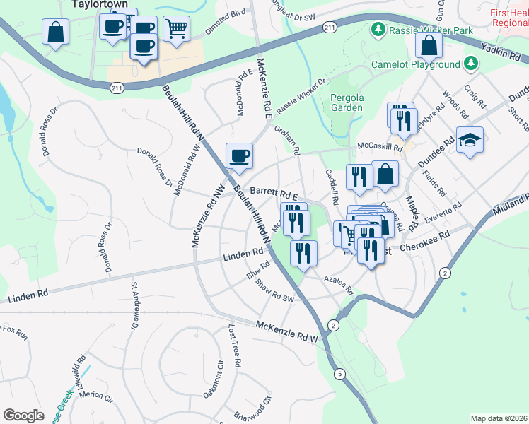 map of restaurants, bars, coffee shops, grocery stores, and more near 290 Beulah Hill Road North in Pinehurst
