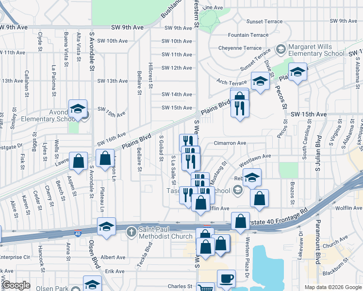 map of restaurants, bars, coffee shops, grocery stores, and more near 1619 South La Salle Street in Amarillo