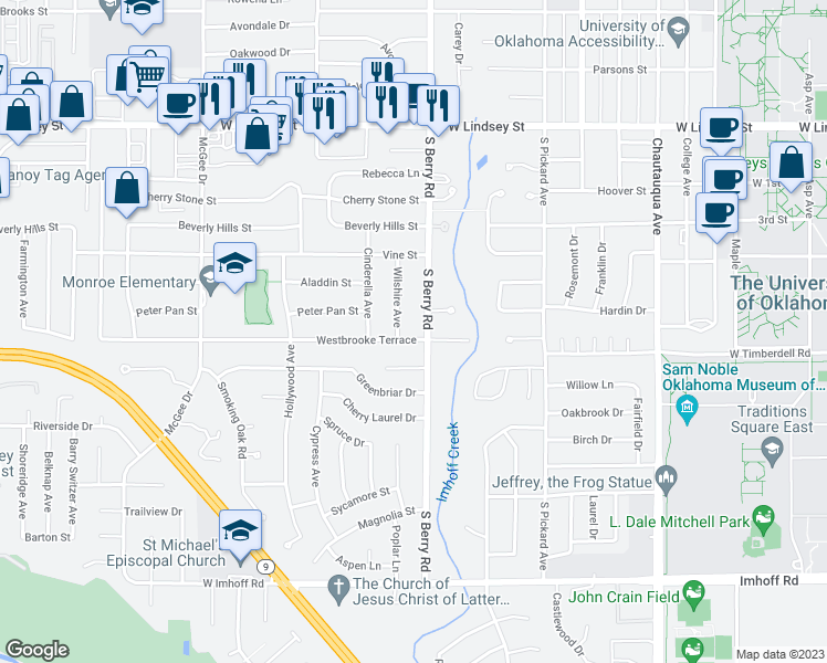 map of restaurants, bars, coffee shops, grocery stores, and more near 1213 Westbrooke Terrace in Norman