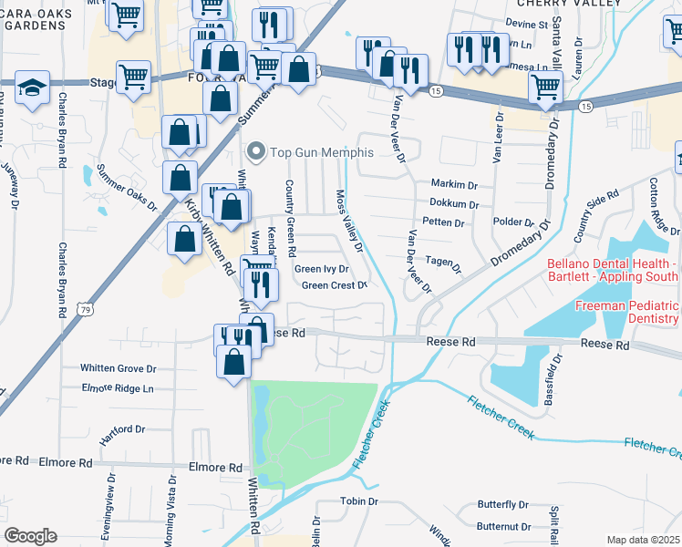 map of restaurants, bars, coffee shops, grocery stores, and more near 6935 Green Ivy Drive in Memphis