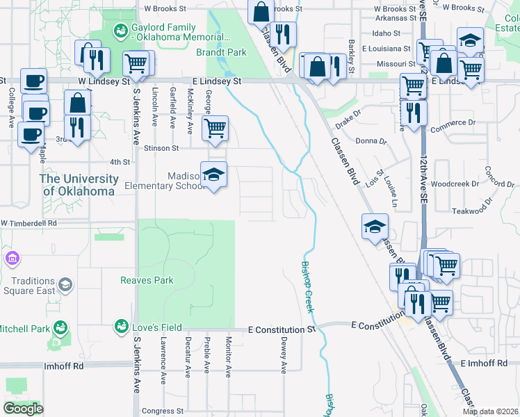 map of restaurants, bars, coffee shops, grocery stores, and more near 525 Clearview Drive in Norman