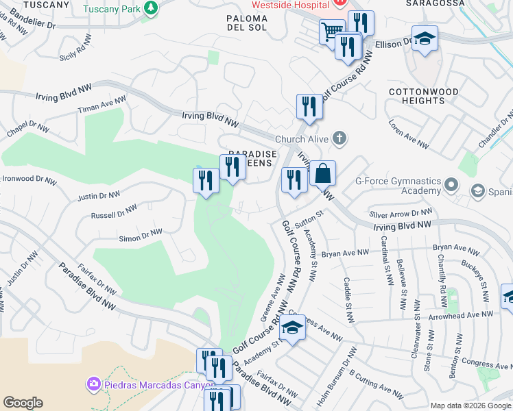 map of restaurants, bars, coffee shops, grocery stores, and more near 4717 Country Club Lane Northwest in Albuquerque