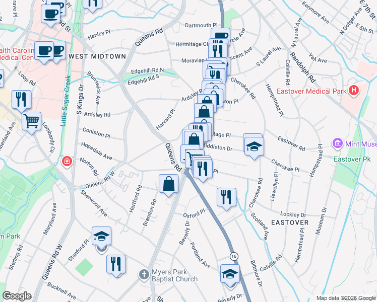 map of restaurants, bars, coffee shops, grocery stores, and more near in Charlotte