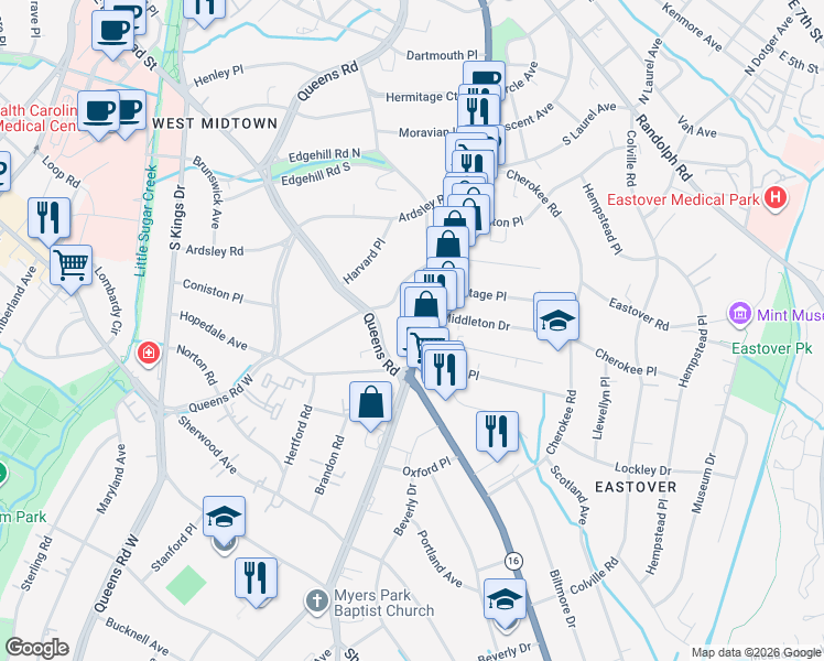 map of restaurants, bars, coffee shops, grocery stores, and more near in Charlotte