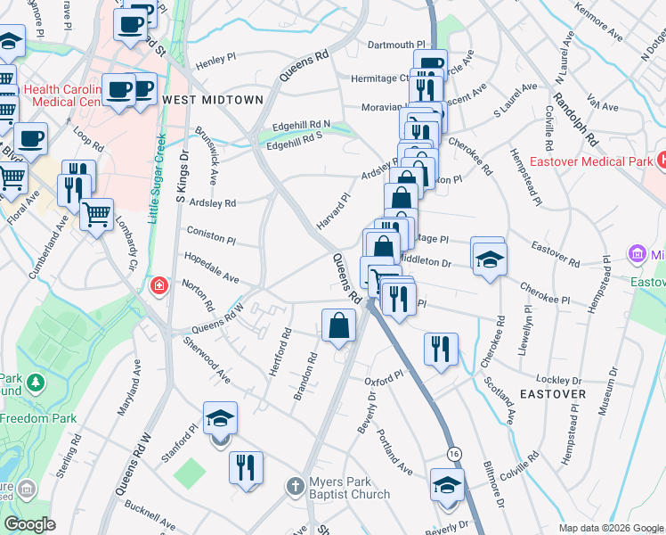 map of restaurants, bars, coffee shops, grocery stores, and more near in Charlotte