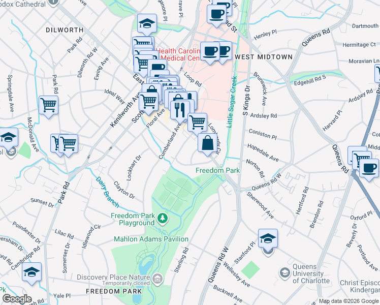 map of restaurants, bars, coffee shops, grocery stores, and more near 1826 Asheville Pl in Charlotte