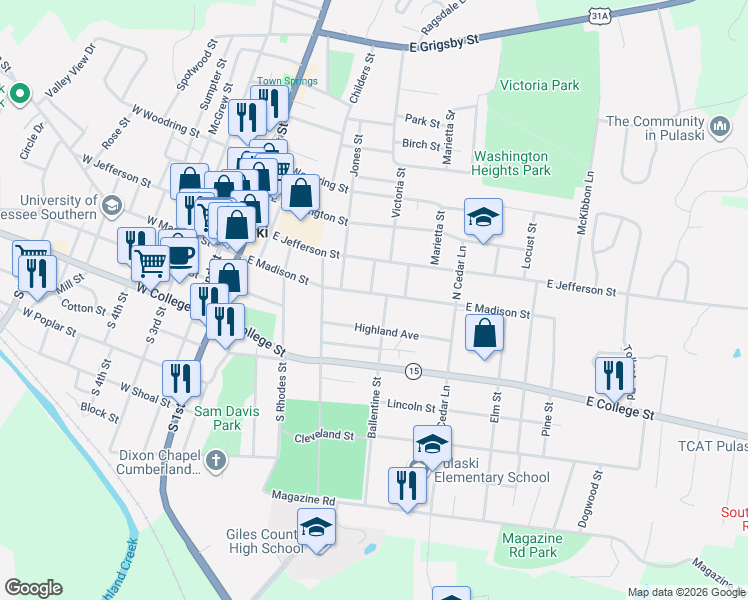 map of restaurants, bars, coffee shops, grocery stores, and more near 445 East Madison Street in Pulaski