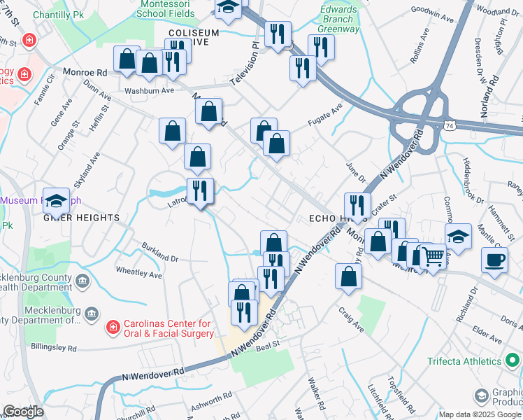 map of restaurants, bars, coffee shops, grocery stores, and more near 3826 Miriam Drive in Charlotte
