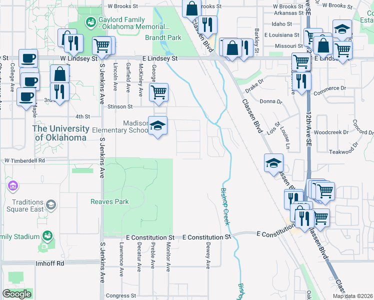 map of restaurants, bars, coffee shops, grocery stores, and more near 517 Clearview Drive in Norman