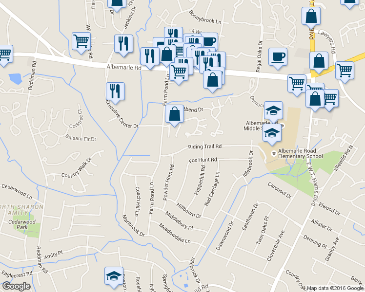 map of restaurants, bars, coffee shops, grocery stores, and more near 7227 Riding Trail Road in Charlotte