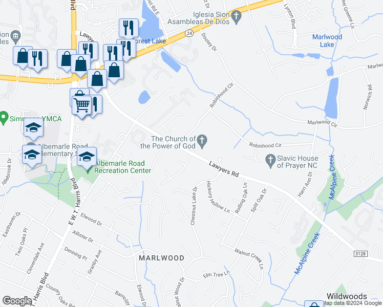 map of restaurants, bars, coffee shops, grocery stores, and more near 8209 Walnut Grove Lane in Charlotte