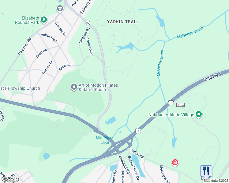 map of restaurants, bars, coffee shops, grocery stores, and more near 385 Central Drive in Southern Pines