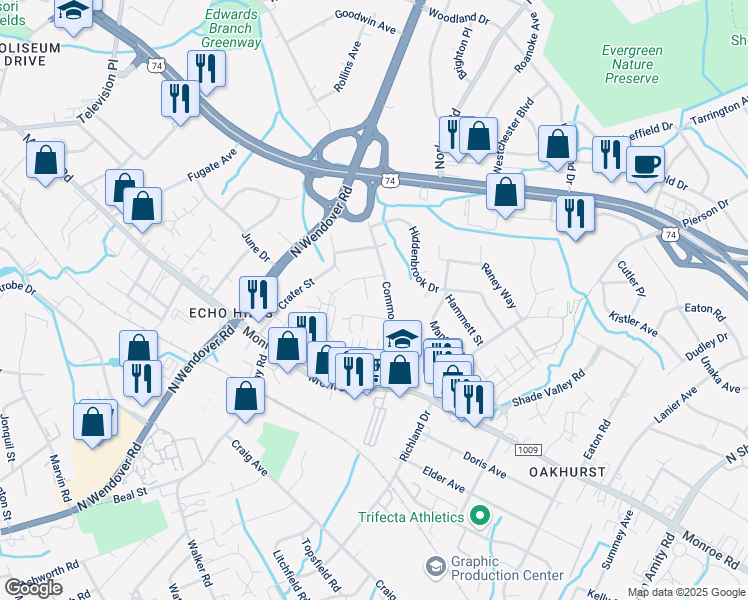 map of restaurants, bars, coffee shops, grocery stores, and more near 2625 Millie Lane in Charlotte
