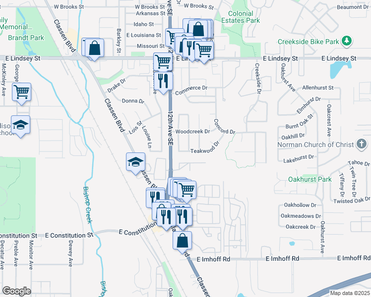 map of restaurants, bars, coffee shops, grocery stores, and more near 1724 Sumac Drive in Norman